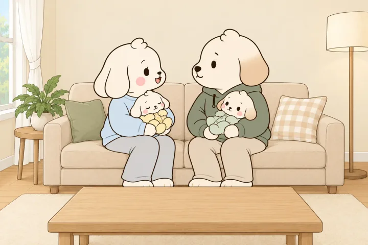 거실 소파에서 아기를 하나씩 안은 엄마와 아빠가 서로 얼굴을 마주 보며 이름을 의논하는 옆모습 그림. 아빠는 생각에 잠긴 얼굴이다