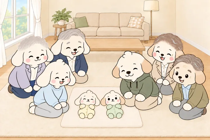 거실 러그 위 매트에 누운 두 아기를 엄마·아빠와 양가 할머니·할아버지가 둘러앉아 들여다보며 웃는 그림