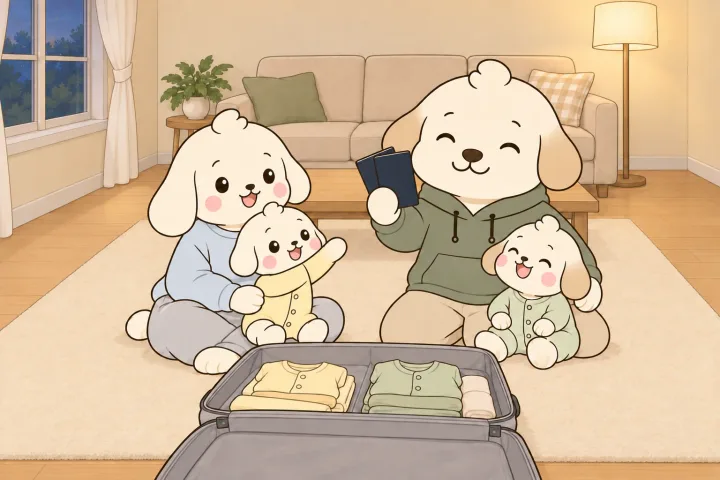 저녁 거실 러그에서 아빠가 닫힌 남색 여권 두 권을 들어 보이고, 엄마 무릎에 앉은 아기가 두 손을 뻗고 아빠 옆에 앉은 아기가 여권을 올려다보며 웃는 그림. 가족 앞에 아기 옷을 담은 여행 가방이 펼쳐져 있다