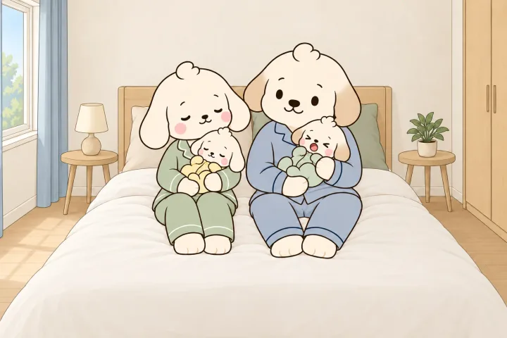 아침 침실에서 잠옷 차림의 엄마와 아빠가 침대에 앉아 아기를 하나씩 품에 안고 있는 그림. 아빠는 하품하는 아기를 내려다본다