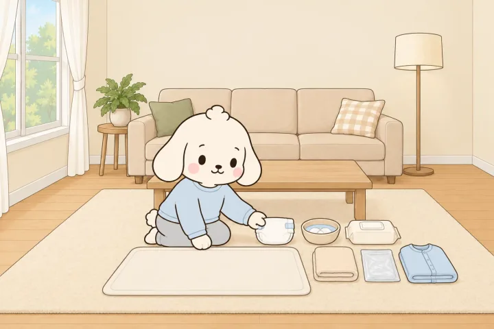 거실 러그 위에 무릎을 꿇고 앉은 엄마가 빈 기저귀 매트 옆에 새 기저귀, 물과 솜이 담긴 그릇, 물티슈, 접은 수건, 비닐봉투, 갈아입힐 옷을 나란히 놓는 그림