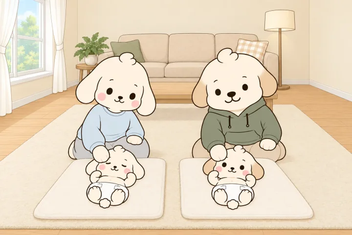 거실 러그 위 매트 두 장에 기저귀만 찬 아기가 하나씩 누워 있고, 엄마와 아빠가 매트 건너편에 앉아 아기 배에 한 손을 가만히 얹고 내려다보는 그림