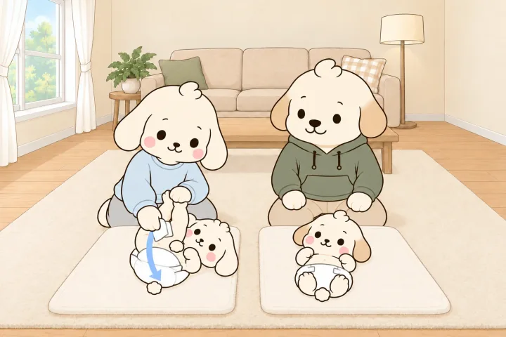 엄마가 한 손으로 아기 두 발목을 잡아 다리를 살짝 들고, 접은 기저귀 자락으로 몸을 가린 채 다른 손의 물티슈로 앞에서 뒤로 닦는 그림. 크고 반투명한 화살표가 앞에서 뒤로 가는 방향을 보인다