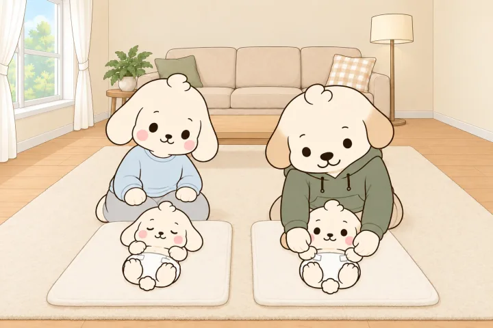 아빠가 새 기저귀 뒤쪽 양옆의 짧은 테이프를 앞 허리에 붙이고, 엄마는 옆 매트의 아기를 보며 웃는 그림