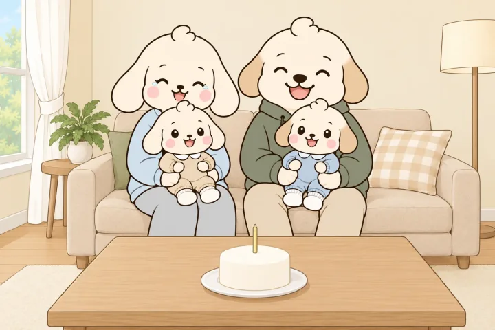 거실 소파에 엄마와 아빠가 나란히 앉아 아기를 하나씩 무릎에 안고, 앞쪽 낮은 탁자에 놓인 작은 흰 케이크를 보며 웃는 그림. 케이크에는 불을 붙이지 않은 초 하나가 꽂혀 있다