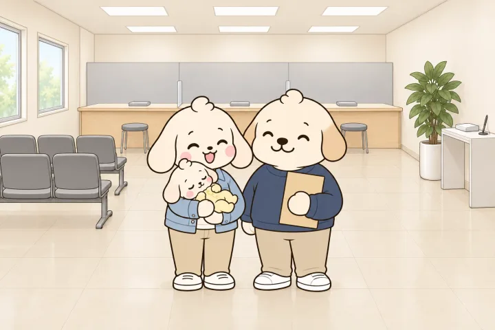 동 행정복지센터 민원 창구 앞에서 아기를 안은 엄마와 서류 봉투를 든 아빠가 서로 보며 웃는 그림