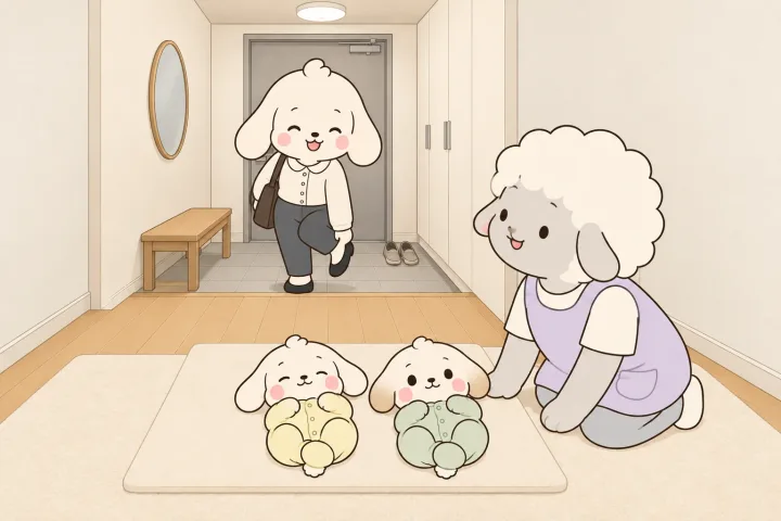 평일 저녁 현관, 출근 차림의 엄마가 막 들어와 신발을 벗으며 웃고, 복도 끝 러그 위 매트에 누운 두 아기 곁에서 아이돌봄 선생님이 엄마를 보며 웃는 그림