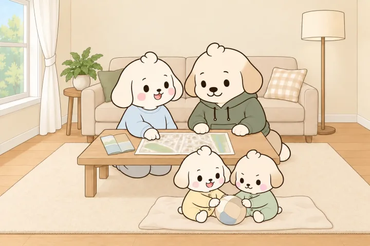 거실 탁자에 엄마와 아빠가 글자 없는 안내지와 동네 지도를 펼쳐 놓고 한 곳을 가리키고, 두 아기는 옆 러그 담요 위에서 노는 그림