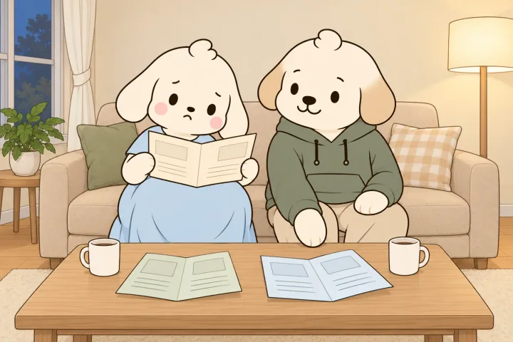 저녁 거실 소파에 엄마와 아빠가 나란히 앉아 종이 안내지를 들여다보는 그림. 엄마는 펼친 안내지 한 장을 들고 고개를 갸웃하고, 아빠는 탁자 위의 다른 안내지를 가리킨다