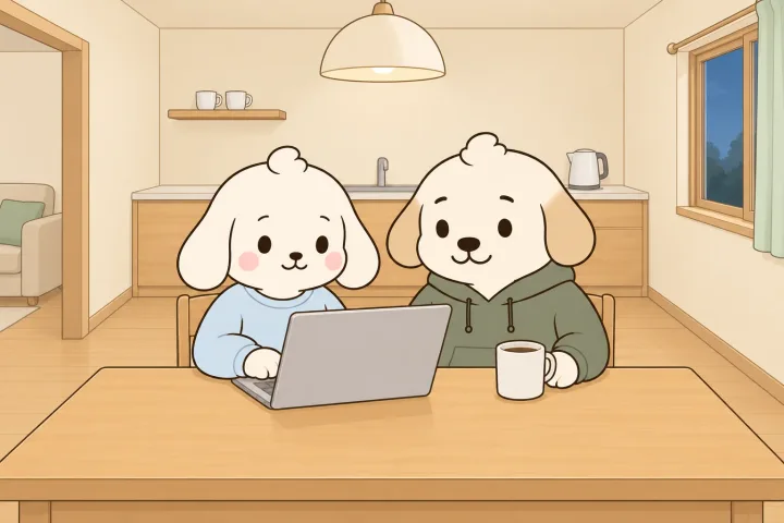 저녁 주방 식탁에 엄마와 아빠가 나란히 앉아, 엄마가 노트북 자판을 치고 아빠가 몸을 기울여 화면을 함께 보는 그림. 노트북은 뚜껑 뒷면만 보인다