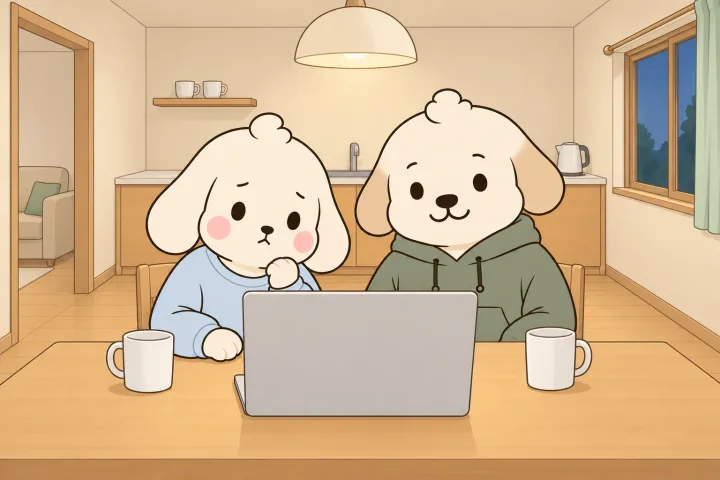 저녁 주방 식탁에 엄마와 아빠가 나란히 앉아 노트북을 들여다보는 그림. 노트북은 뚜껑 뒷면만 보이고, 엄마는 고개를 살짝 갸웃한다