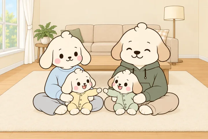 밝은 낮 거실 러그 위, 왼쪽에는 엄마 앞에 딸 아기가, 오른쪽에는 아빠 앞에 아들 아기가 앉아 서로에게 손을 뻗는 그림