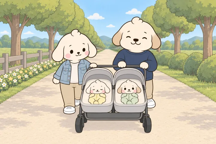 가로수 길에서 아빠가 쌍둥이 유모차를 밀고 엄마가 옆에서 안을 들여다보며 함께 걸어오는 그림. 유모차의 두 자리에 신생아 둘이 판판하게 누워 있다