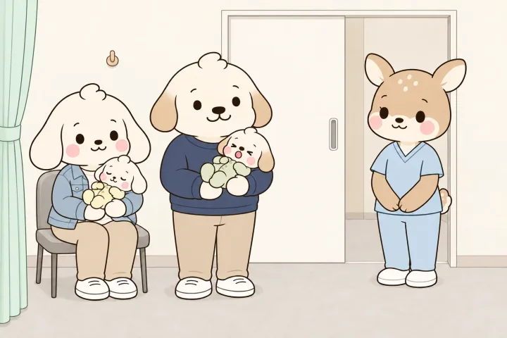 진료실에서 엄마가 회색 의자에 앉아 아기를 안고, 아빠가 그 옆에 서서 다른 아기를 안고 있다. 반쯤 열린 문 안쪽에 사슴 간호사가 서서 가족을 보며 웃는 그림