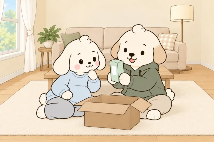 거실에서 막 연 택배 상자 옆, 아빠가 장난감 상자 옆면의 흰 표시 칸을 엄마 쪽으로 돌려 보이고 엄마가 몸을 기울여 들여다보는 그림