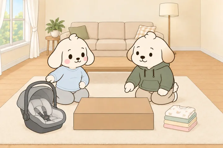 거실 러그 위에 카시트, 아기 침대 상자, 갠 아기 옷이 나란히 놓여 있고 엄마와 아빠가 하나씩 가리키며 견주어 보는 그림