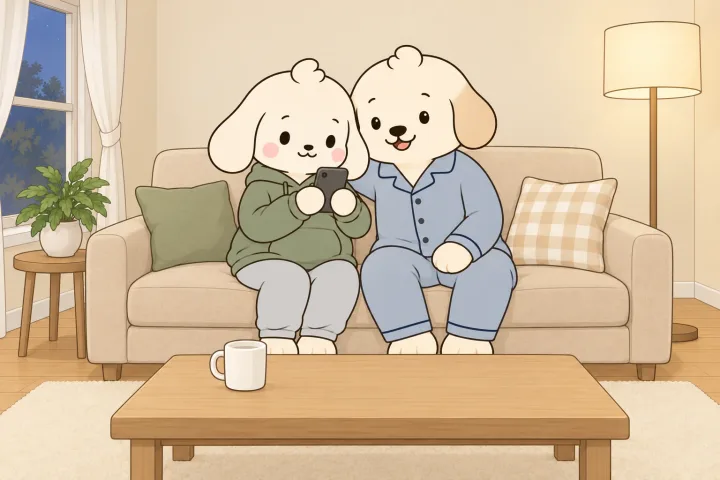 저녁 거실 소파에서 아빠 후드티를 입은 엄마가 휴대폰을 두 손으로 들고, 옆에 앉은 아빠가 몸을 기울여 함께 들여다보는 그림. 휴대폰 화면은 보이지 않는다