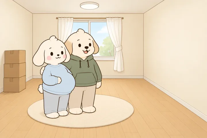 거의 빈 작은 방에서 배가 둥글게 나온 엄마와 아빠가 둥근 러그 위에 나란히 서서 아무것도 없는 오른쪽 벽을 바라보는 그림. 왼쪽 벽 앞에 상자 세 개가 쌓여 있다