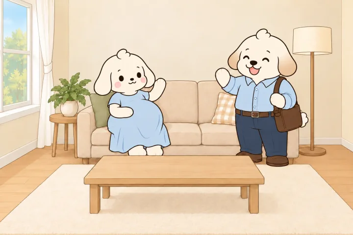 밝은 아침 거실에서 만삭 원피스를 입고 배가 둥글게 나온 엄마가 소파에 기대앉아 손을 흔들고, 출근 차림에 가방을 멘 아빠가 소파 옆에 서서 웃으며 손을 흔드는 그림