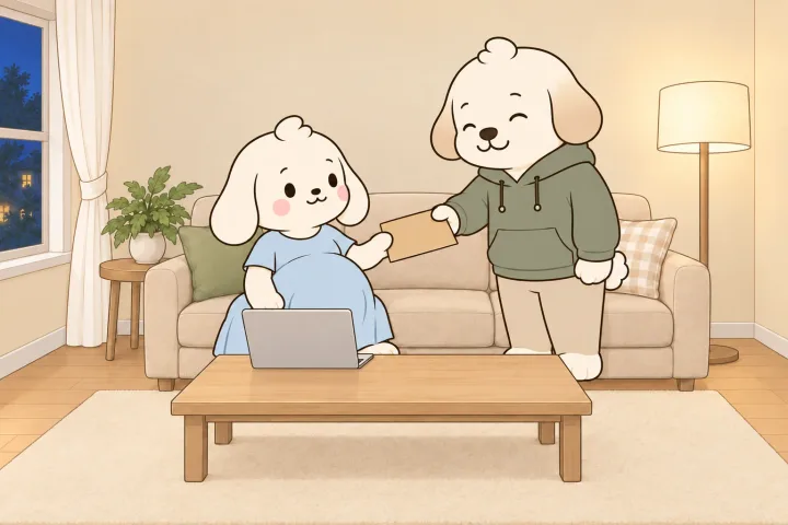 저녁 거실 소파에서 배가 둥글게 나온 엄마가 탁자 위 노트북으로 급여를 신청하고, 아빠가 옆에서 서류 봉투를 건네는 그림
