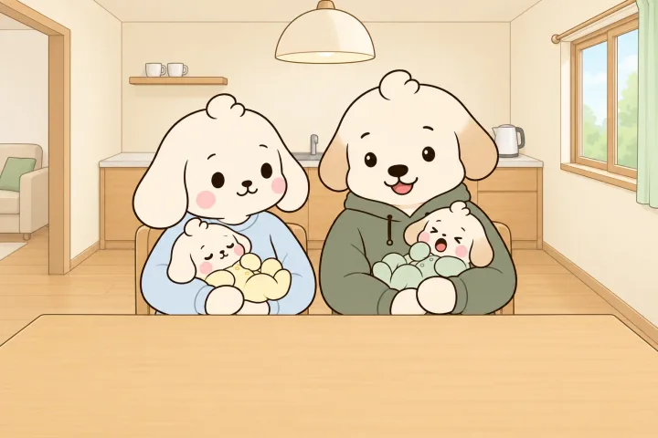 주방 식탁 뒤에 나란히 앉은 엄마와 아빠가 신생아를 한 명씩 품에 안고 있는 그림. 엄마 품의 아기는 잠들었고 아빠 품의 아기는 작게 하품한다