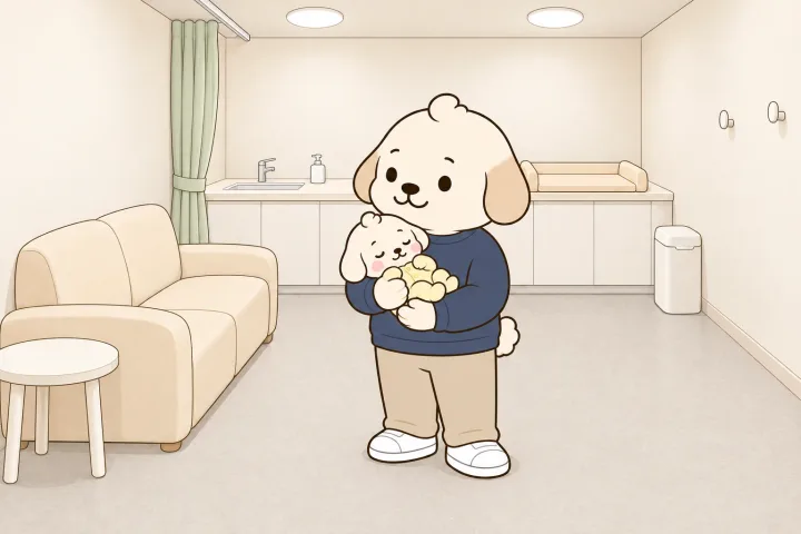 아빠 혼자 잠든 딸을 두 팔로 안고 가족수유실에 막 들어와, 소파·가림막·기저귀교환대가 있는 방 안을 둘러보는 그림