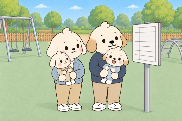 놀이터 안에서 아기를 하나씩 안은 엄마와 아빠가 나란히 서 있고, 그 옆에 낮은 기둥에 달린 흰 네모 판이 서 있는 그림. 판에는 글자 없이 칸만 그어져 있다
