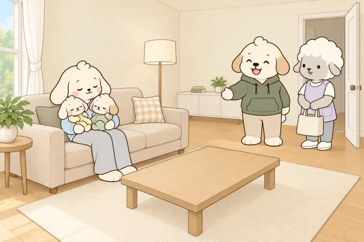 출산 뒤 거실에서 엄마는 소파에 기대 두 아기를 안고 쉬고, 아빠가 복도 문 앞에서 막 도착한 산모·신생아 건강관리사와 웃으며 이야기를 나누는 그림