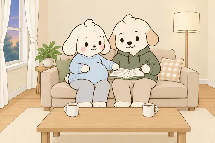 이른 저녁 거실 소파에 배가 둥글게 나온 엄마와 아빠가 나란히 앉아, 아빠 무릎 위에 펼친 공책을 엄마가 손끝으로 가리키는 그림. 낮은 탁자 위에 머그잔 둘이 있다