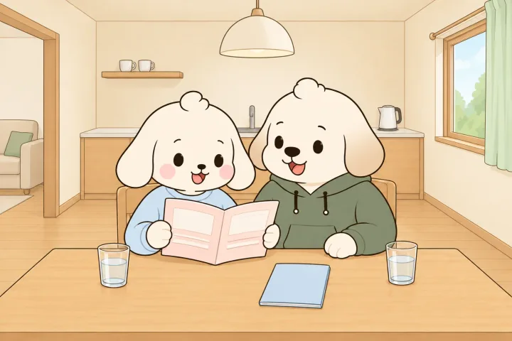 집 부엌 식탁에 엄마와 아빠가 나란히 앉아, 엄마가 펼쳐 든 연분홍 수첩을 아빠가 환하게 웃으며 들여다보는 그림. 식탁에는 연하늘 수첩 한 권과 물컵 둘이 있다
