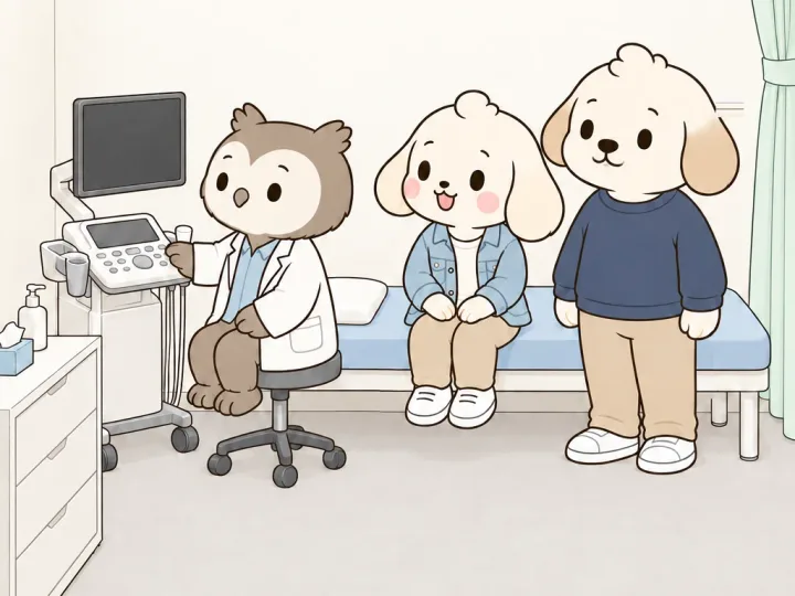 진료실에서 부엉이 의사가 초음파 기계 앞에 앉아 있고, 침대에 앉은 엄마와 옆에 선 아빠가 의사 쪽을 보는 그림