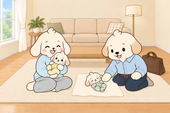 밝은 늦은 오후 거실 러그 위에서 엄마가 아기 하나를 품에 안고 웃고, 셔츠 차림으로 막 돌아온 아빠가 담요에 누운 다른 아기 곁에 앉아 아기 배에 손을 얹고 웃는 그림