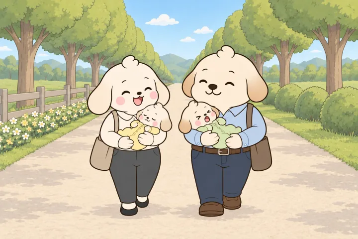 평일 오후 가로수 길, 출근 차림 그대로인 엄마와 아빠가 아기를 하나씩 안고 무늬 없는 가방을 멘 채 나란히 걸어오는 그림