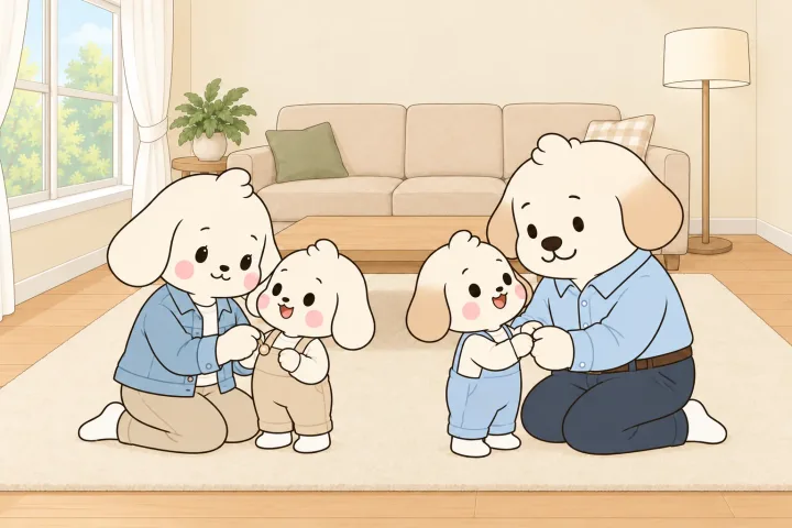 아침 거실 러그 위에서 엄마가 무릎을 꿇고 딸의 멜빵 단추를 채워 주고, 옆에서 아빠가 무릎을 꿇은 채 아들의 두 손을 잡고 마주 보며 웃는 그림