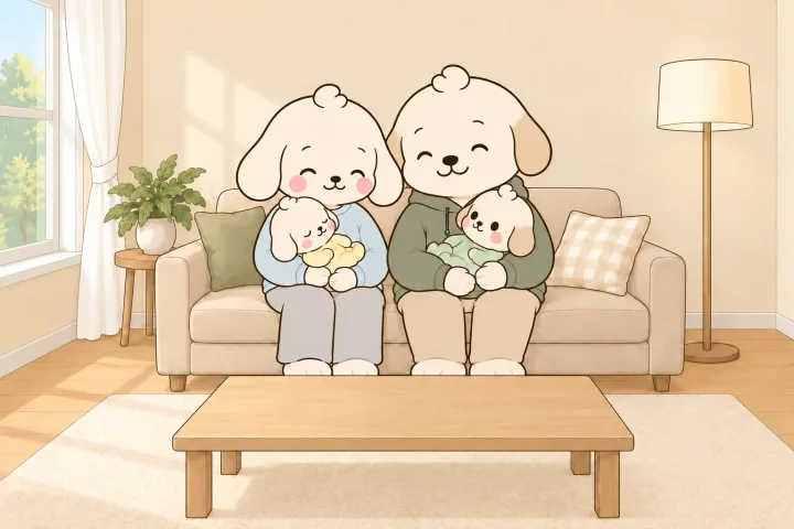 거실 소파에 엄마와 아빠가 나란히 앉아 신생아를 한 명씩 품에 안고 미소 짓는 그림. 엄마 품의 아기는 잠들었고 아빠 품의 아기는 깨어 있다