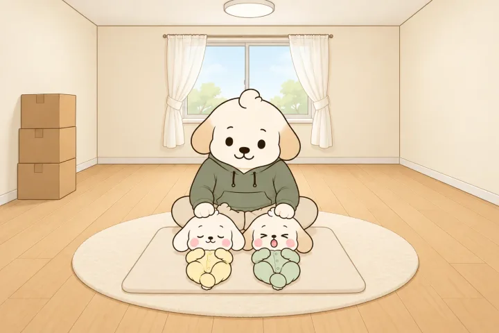 밝은 아침, 창 앞 둥근 러그 위 매트에 신생아 둘이 나란히 누워 있고, 그 뒤에 앉은 아빠가 두 손을 아기들 배에 하나씩 얹고 내려다보는 그림