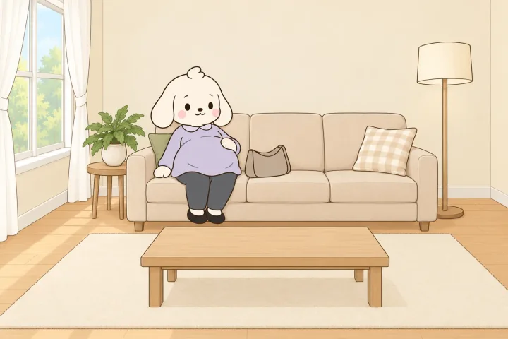 밝은 오후, 배가 둥글게 나온 엄마가 출근 옷차림으로 거실 소파에 앉아 한 손을 배에 얹고 웃는 그림. 옆자리에 가방이 놓여 있다