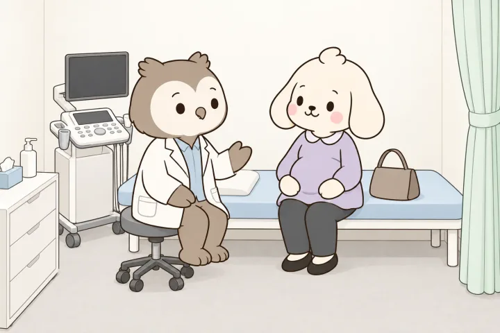 진료실에서 출근 옷차림의 엄마가 침대 가장자리에 앉아, 초음파 기계 옆 의자에 앉은 부엉이 의사와 웃으며 이야기하는 그림. 모니터는 꺼져 있다